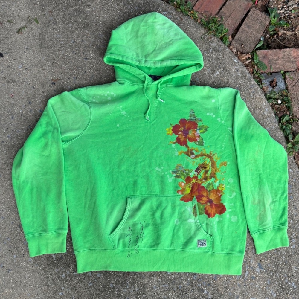 Polo Ralph Lauren Mens XXL Lime Green Dragon Hibiscus Graphic Hoodie Sweatshirt